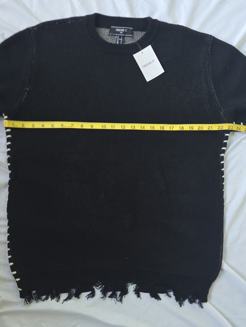 Mens Boho Black Sweater, White Stitching, Fringe OnBottom Of Sleeves & Sweater - Picture 2 of 14